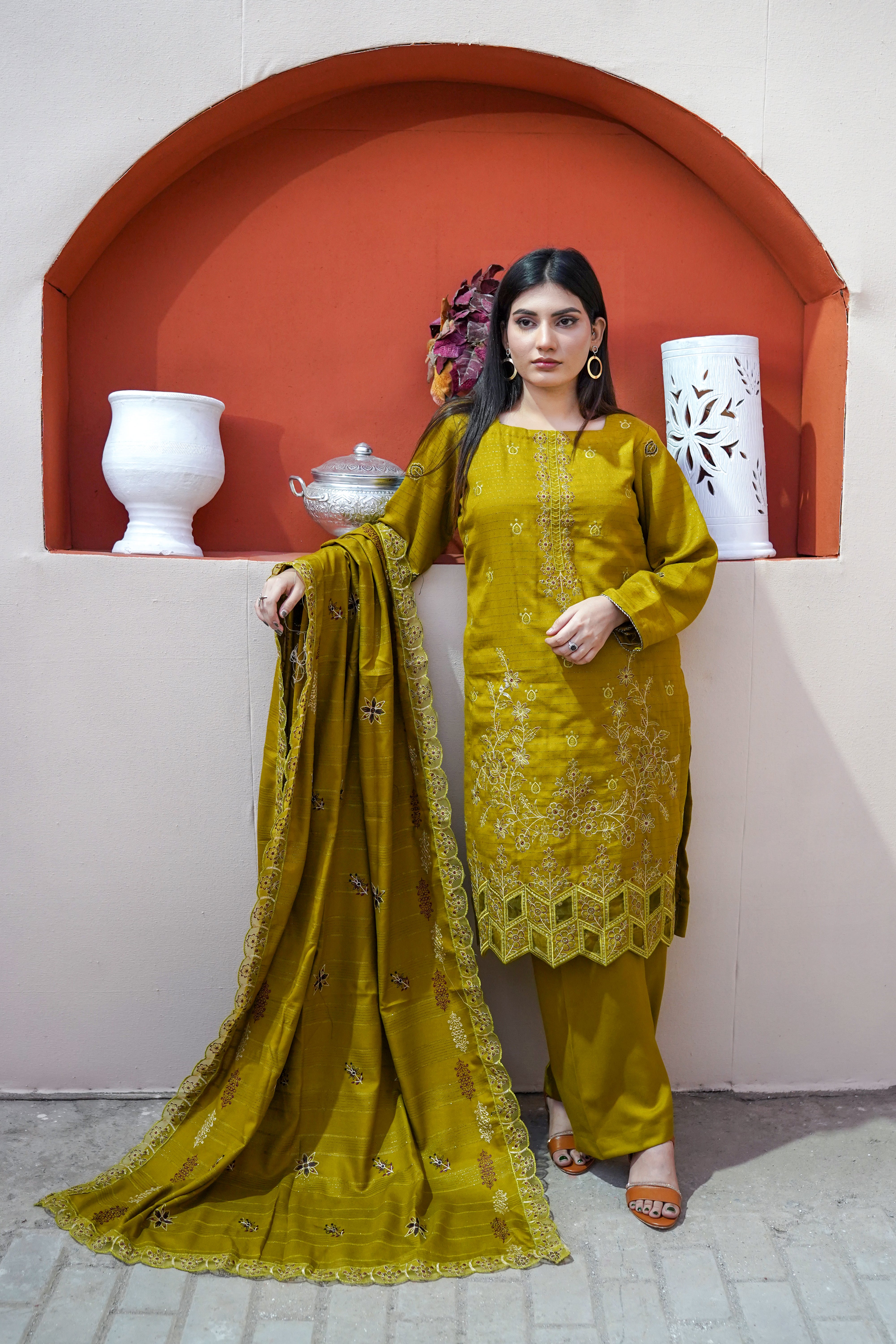 Fancy Jacquard Chamki Embroidered 3-Piece Suit