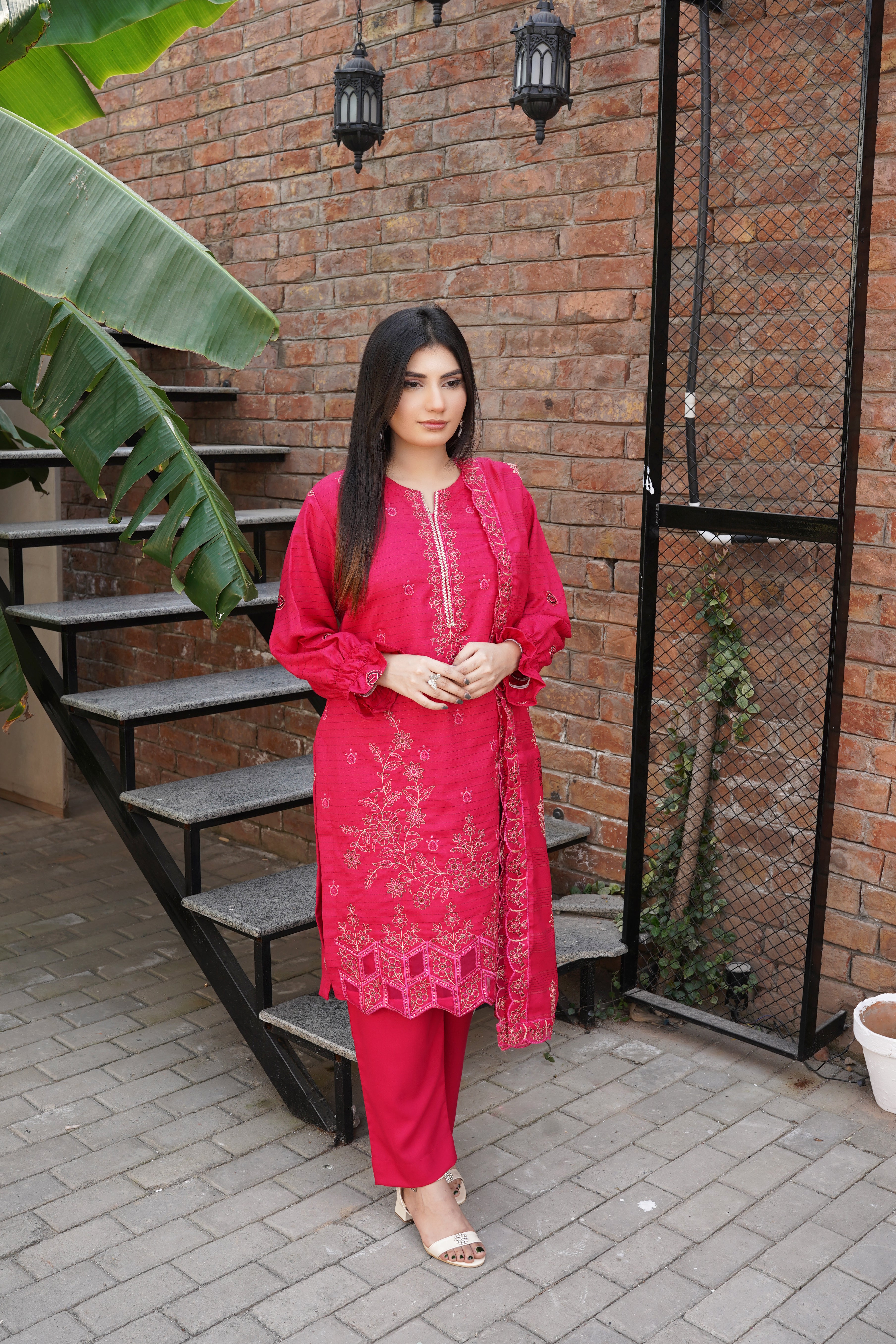 Fancy Jacquard Chamki Embroidered 3-Piece Suit