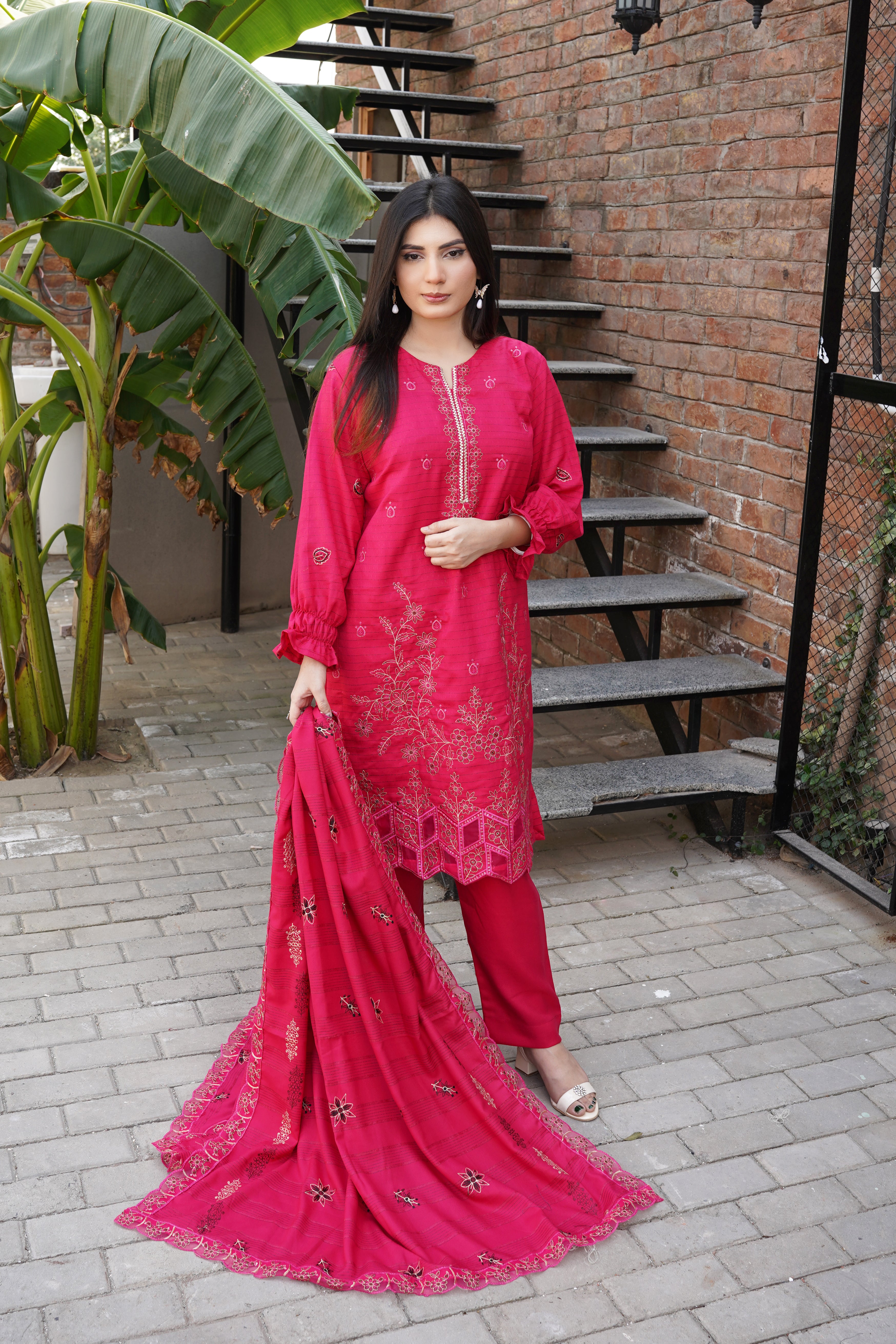 Fancy Jacquard Chamki Embroidered 3-Piece Suit