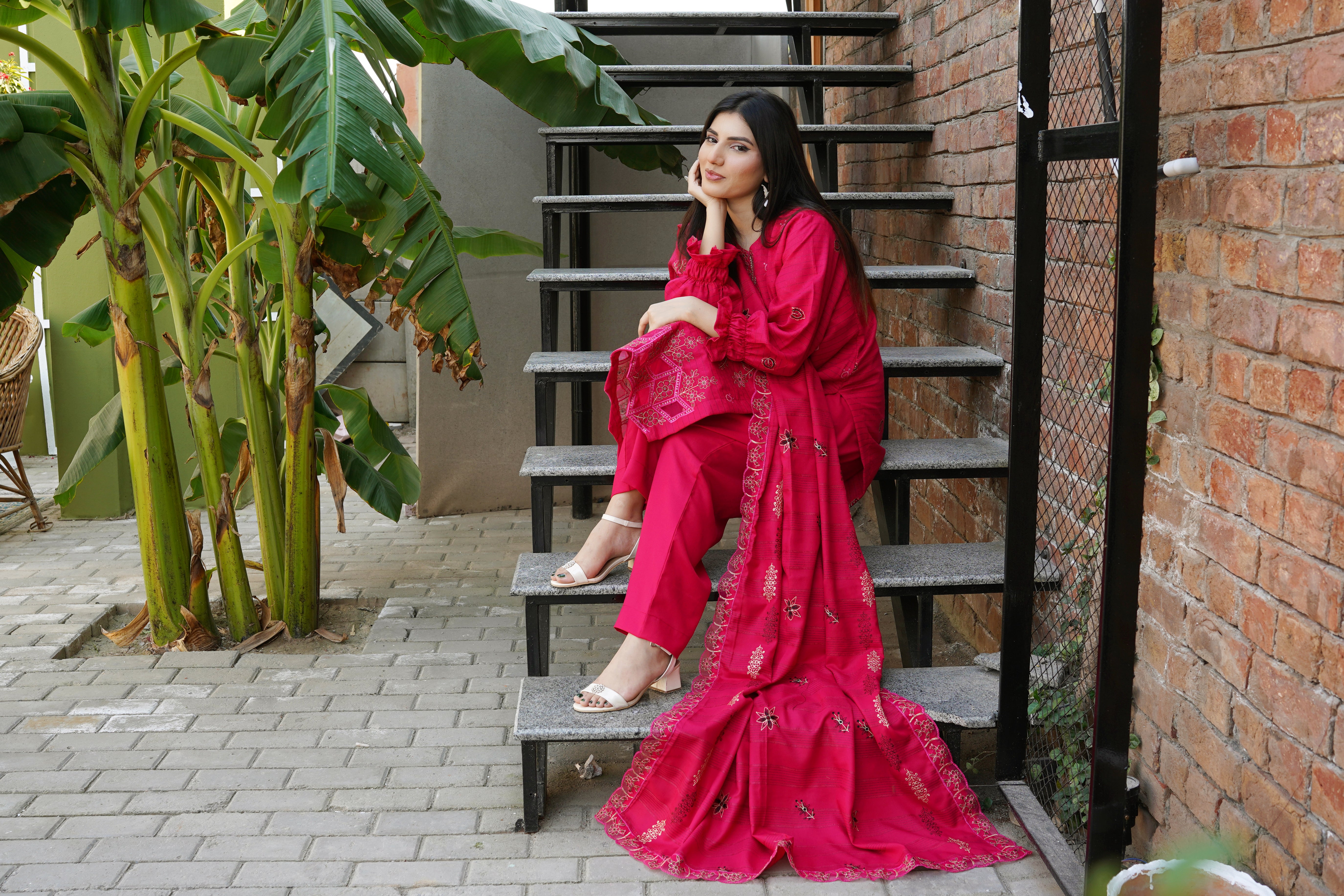 Fancy Jacquard Chamki Embroidered 3-Piece Suit