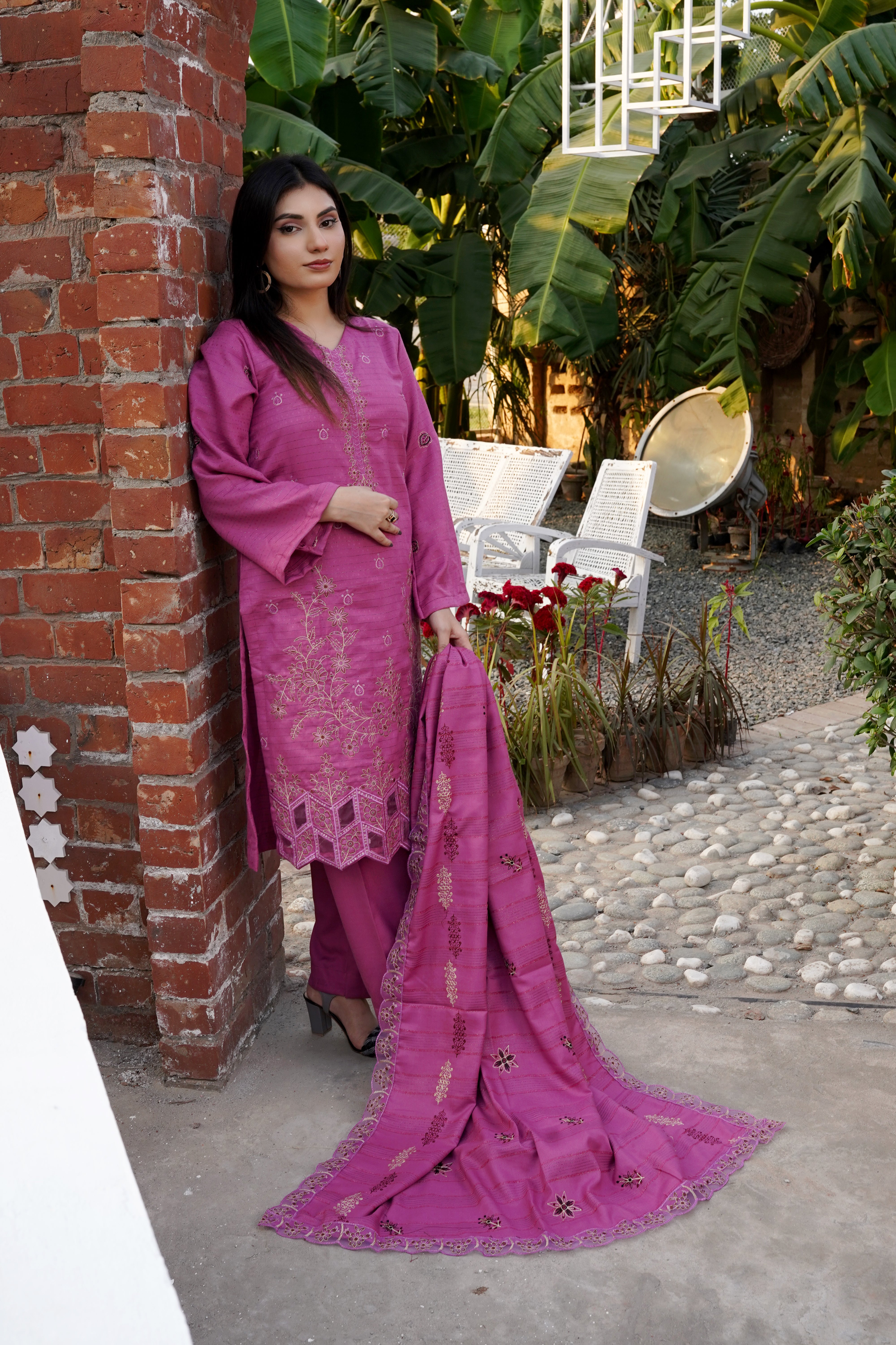 Fancy Jacquard Chamki Embroidered 3-Piece Suit